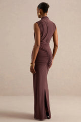 Isona | Brown High-Neck Maxi Dress With Gathered-Detailing And Sash
