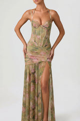Ruched Asymmetric Corset Gown In Floral Multi Print