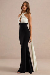 Cassina | Black And White Twist Halter-Neck Cape Maxi Dress