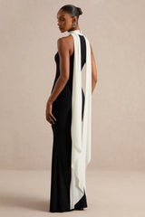 Calise | Black & White High-Neck Maxi Dress With Cape Detail