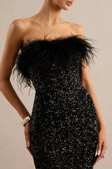 Daze | Black Sequin Bandeau Maxi Dress With Feather-Trim