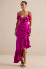 Salvina | Pink Satin V-Neck Maxi Dress With Ruffled Detailing And Scarf Detail