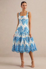 Mayra | Blue Lace Square-Neck Midi Dress With Voluminous Skirt