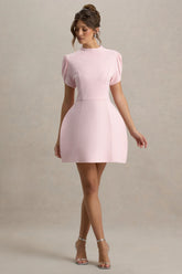 Carabella | Pink High-Neck Short-Sleeve Mini Dress