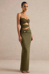 Leontine | Olive Bandeau-Neck Maxi Dress With Body Cut-Outs