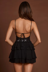 Embellished Lace-Up Ruffle Mini Dress In Black Zebra