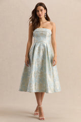 Tori | Powder Blue Jacquard Bandeau Skater Midi Dress