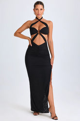 Hardware Detail Cut-Out Halterneck Maxi Dress In Black