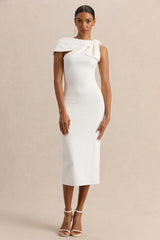 Clarina | White Asymmetric-Neck Midi Dress With Bow-Detail