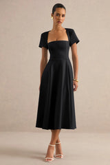 Donia | Black Square-Neck Midi Skater Dress