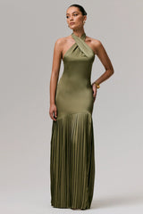Sansa | Khaki Satin Cross Halter-Neck Plisse Maxi Dress