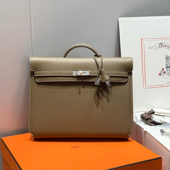Hermes Men's and Women's Classic Solid Color Leather Business Bag with Silver Buckle Handbag Laptop Case Bag Bags #78611