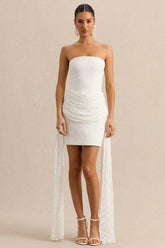 Sabrelle | White Bandeau-Neck Mini Dress With Draped-Detailing