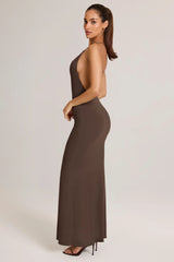 Modal Plunge Backless Maxi Dress In Chocolate Brown