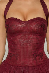 Embellished Halterneck Bubble Hem Mini Dress In Wine Red