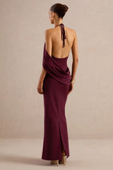 Karisa | Burgundy Satin Cowl-Neck Maxi Dress With Draped Detail