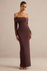 Keirae | Dark Brown Bardot-Neck Maxi Dress