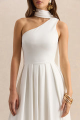 Odette | White Asymmetric-Neck Midi Dress With Scarf