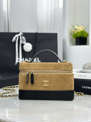 Chanel Top Handle Vanity Case Suede Calfskin With Chain and Shiny Lambskin With Gold-tone Metal #387674