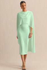 Luxalyn | Green Round-Neck Midi Dress With Cape-Detail