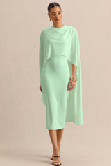 Luxalyn | Green Round-Neck Midi Dress With Cape-Detail