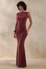 Blaire | Brown Asymmetric-Neck Maxi Dress With Gold-Detailing