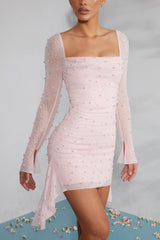 Long Sleeve Embellished Cowl Neck Mini Dress In Blush