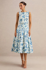 Sunnira | Blue Porcelain Print Boat-Neck Midi Dress With Drop-Waist