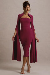 Linden | Berry Fitted Cape-Sleeve Midi Dress