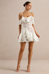Lyris | White Lace Scoop-Neck Mini Dress With Ruffled Detailing