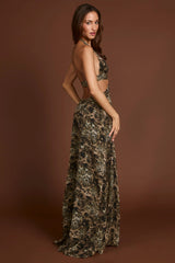Plunge Cut-Out Maxi Gown In Leopard Print