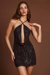 Embellished Halterneck Cowl A-Line Mini Dress In Black