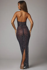 Sheer Embellished High Neck Evening Gown In Navy