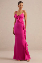 Marcelina | Hot Pink Satin V-Neck Maxi Dress With Ruffled Detailing