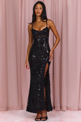 Embellished Lace-Trim Maxi Dress In Black