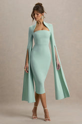 Linden | Light Green Fitted Cape-Sleeve Midi Dress
