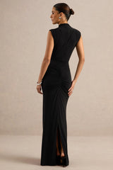 Isona | Black High-Neck Maxi Dress With Gathered-Detailing And Sash
