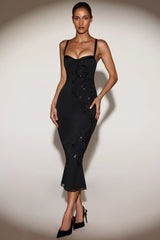 Embellished Peekaboo Fluted-Hem Midaxi Dress In Black