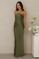 The Felicity Strapless Satin Maxi Dress Olive