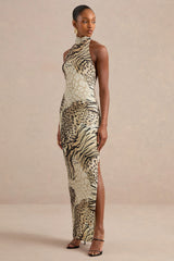 Arlise | Brown Animal Print Halter-Neck Maxi Dress