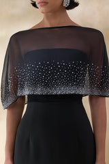 Everly | Black Hand-Embellished Cape-Sleeve Maxi Dress