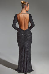 Embellished Open-Back Gown In Black