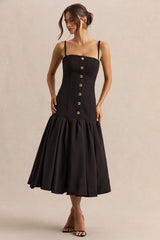 Briella | Black Bandeau Midi Dress With Gold-Button Detailing