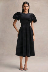 Seraphic | Black Velvet Puff-Sleeve Midi Dress