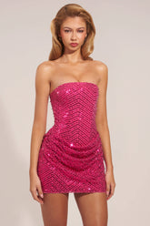 Embellished Draped Strapless A-Line Mini Dress In Hot Pink