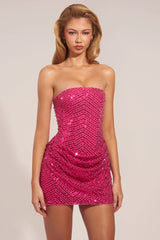 Embellished Draped Strapless A-Line Mini Dress In Hot Pink