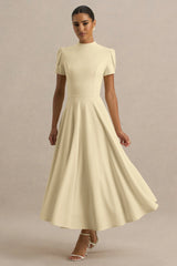 Vicky | Lemon High Neck Midi Dress With Puff Sleeves