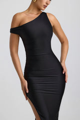 Ruched Asymmetric One-Shoulder Maxi Dress In Black