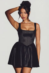 Woven Taffeta Corset Mini Dress In Jet Black
