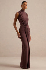 Isona | Brown High-Neck Maxi Dress With Gathered-Detailing And Sash